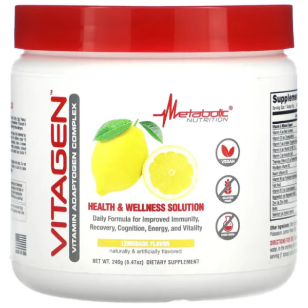 Вітаміни, мінерали та адаптогени, VitaGen, Metabolic Nutrition, для покращення імунітету, відновлення когнітивних здібностей та енергії, смак лимонад, порошок, 240 г