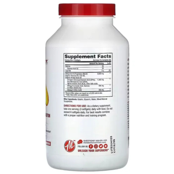 Омега 3-6-9, Omega 369, Metabolic Nutrition, 3600 мг, 180 желатинових капсул (1200 мг в одній капсулі)