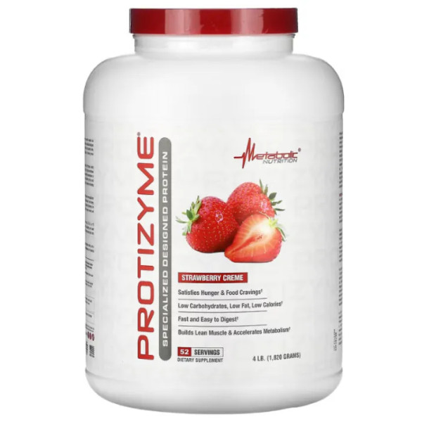 Сироватковий протеїн, спеціалізований, Protizyme, Metabolic Nutrition, нарощує м'язову масу та прискорює метаболізм, полуничний крем, 1820 г