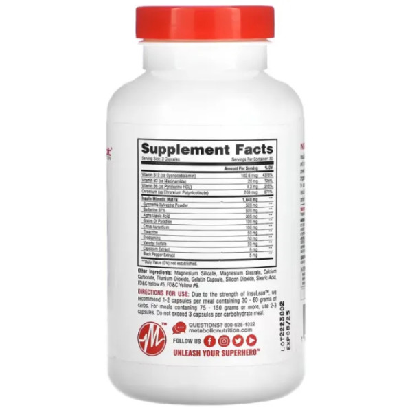 Підтримка рівня цукру в крові, Insulean, Metabolic Nutrition, знижує потяг до їжі, 90 капсул