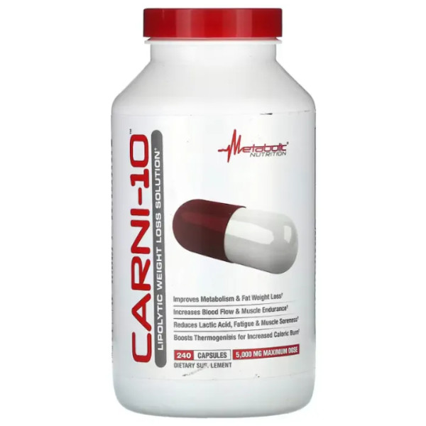 L-карнітин, жиросжигатель, Carni-10, Metabolic Nutrition, покращує метаболізм, збільшує витривалість м'язів, 5000 мг, 240 капсул (625 мг у капсулі)