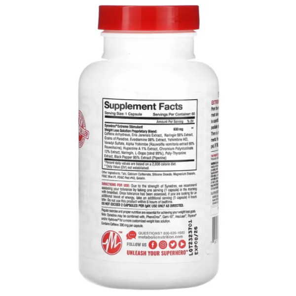 Зниження ваги, Synedrex, Metabolic Nutrition, екстремальний стимулятор підвищеної сили, 60 капсул