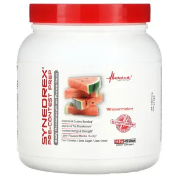 Передтренувальний комплекс, Synedrex, Metabolic Nutrition, прискорює метаболізм, сприяє нарощуванню м'язів, кавун, порошок, 420 г