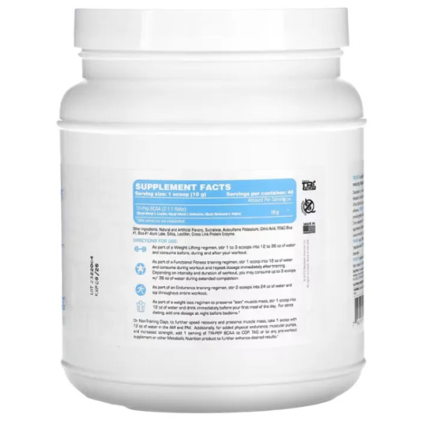 Амінокислоти BCAA з пептидним зв'язком, Tri-Pep, Branch Chain Amino Acid, Metabolic Nutrition, синя малина, порошок, 400 г