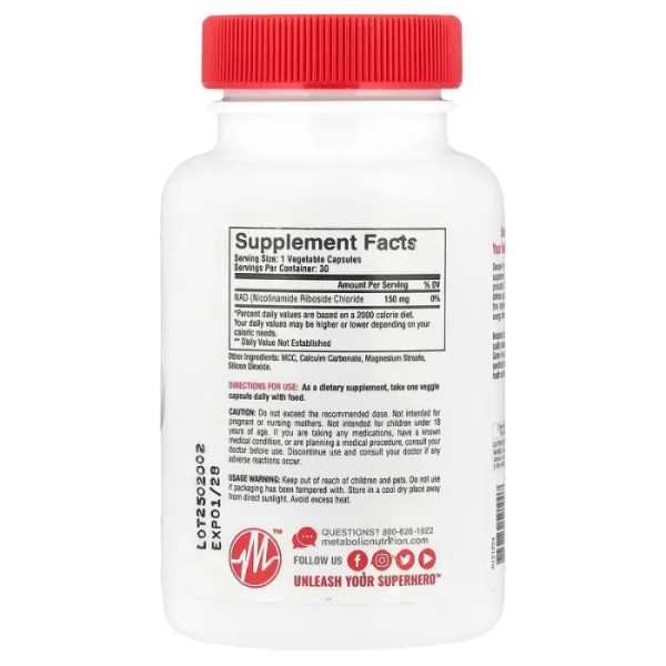 НАД (нікотинамід рибозид хлорид), антивіковий клітинний омолоджуючий засіб, NAD DAILY, Metabolic Nutrition, 150 мг, 30 капсул