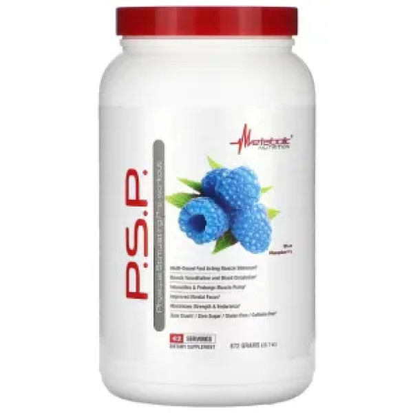 Передтренувальний комплекс, PSP Pre-Workout, Metabolic Nutrition, швидкодіючий стимулятор м'язів, синя малина, порошок, 672 г