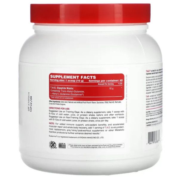 Посттренувальна формула, транс-аланіл-глутамін, TAG, Metabolic Nutrition, покращує відновлення м'язів, фруктовий пунш, 400 г