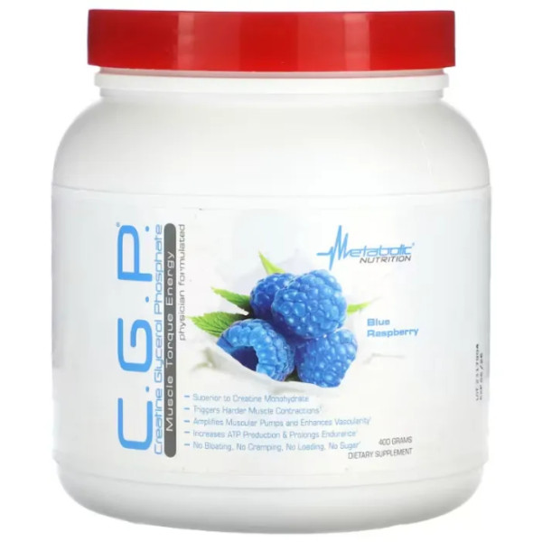 Креатин + гліцерол + фосфат, CGP, Metabolic Nutrition, посилює накачування м'язів, продовжує витривалість, синя малина, 400 гр