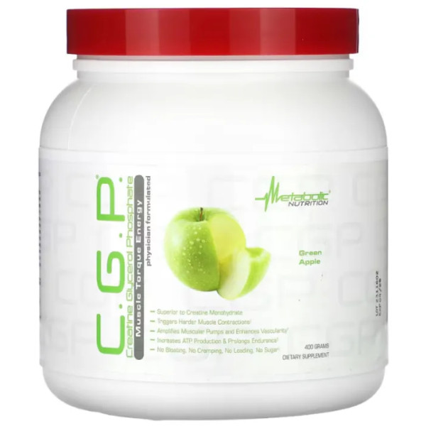 Креатин + глицерол + фосфат, CGP, Metabolic Nutrition, підсилює накачування м'язів, продовжує витривалість, зелене яблуко, 400 гр.