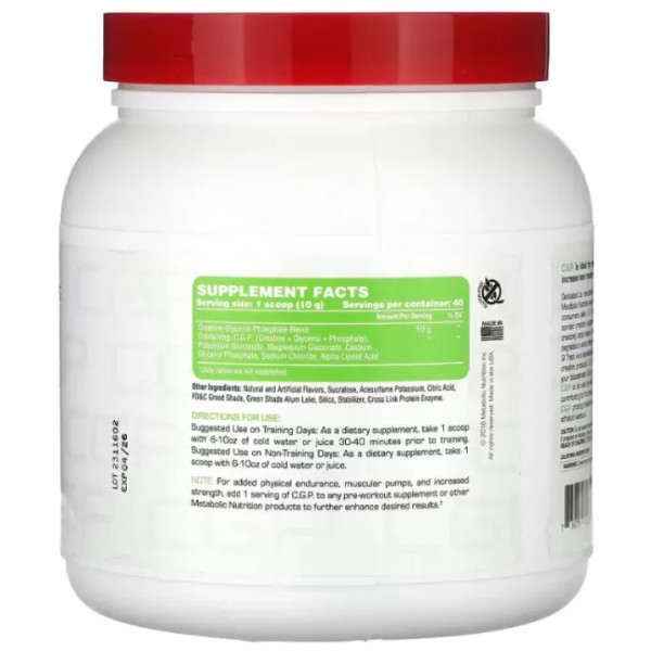 Креатин + глицерол + фосфат, CGP, Metabolic Nutrition, підсилює накачування м'язів, продовжує витривалість, зелене яблуко, 400 гр.