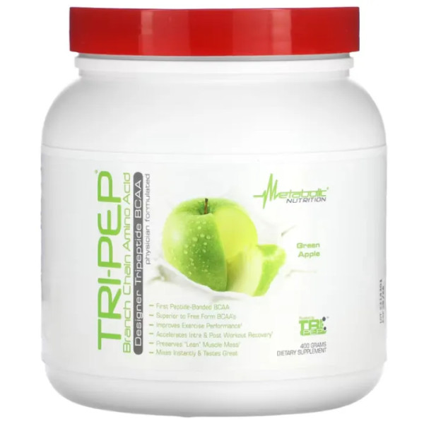 Амінокислоти BCAA з пептидним зв'язком, Tri-Pep, Branch Chain Amino Acid, Metabolic Nutrition, зелене яблуко, порошок, 400 г
