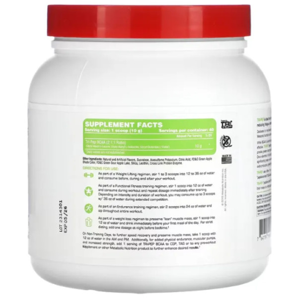 Амінокислоти BCAA з пептидним зв'язком, Tri-Pep, Branch Chain Amino Acid, Metabolic Nutrition, зелене яблуко, порошок, 400 г