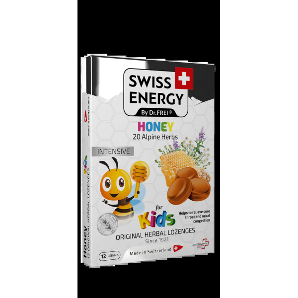 Льодяники від застуди, для дітей, Herbal Lozenges Blister 20 herbs + Honey for kids, Swiss Energy, від кашлю, болю в горлі та закладеності носа, 20 альпійських трав, мед, 12 трав'яних льодяників