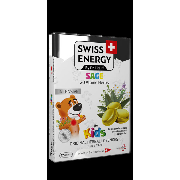 Льодяники від застуди, для дітей, Herbal Lozenges Blister 20 herbs + Sage for kids, Swiss Energy, від кашлю, болю в горлі та закладеності носа, 20 альпійських трав та шавлія, 12 трав'яних льодяників