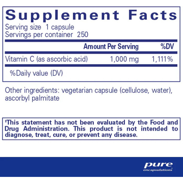 Аскорбінова кислота в капсулах, Ascorbic Acid, Pure Encapsulations, антиоксидантний захист, підтримка імунітету і цілісності судин, 250 капсул