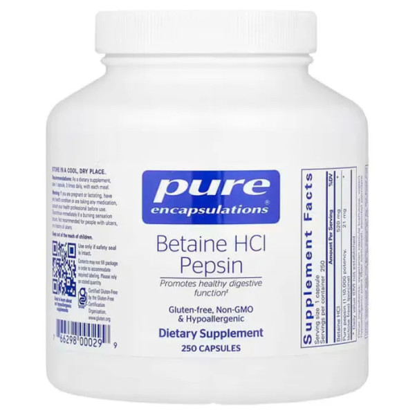 Бетаїну гідрохлорид + пепсин, Betaine HCL \/ Pepsin, Pure Encapsulations, для травного тракту, 250 капсул