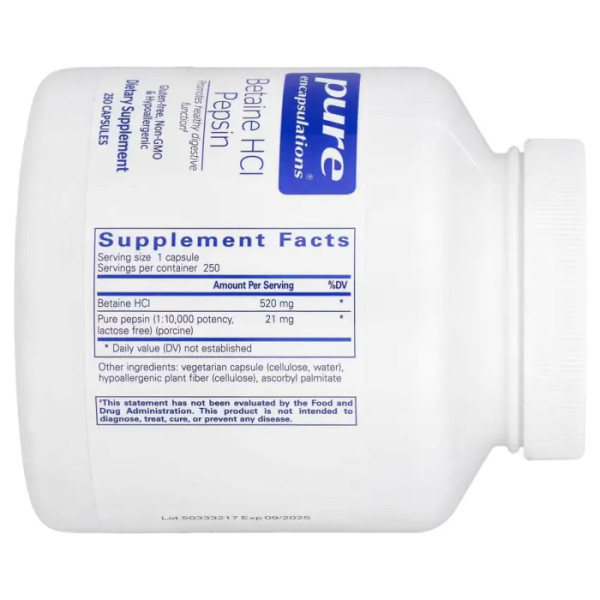 Бетаїну гідрохлорид + пепсин, Betaine HCL \/ Pepsin, Pure Encapsulations, для травного тракту, 250 капсул