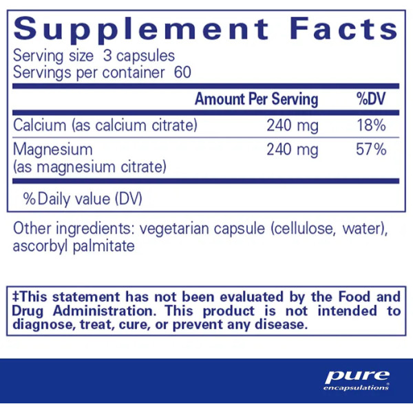 Магній кальцій (цитрат), Calcium Magnesium (citrate), Pure Encapsulations, для зміцнення кісток, зняття м'язових спазмів та напруги, здоров'я зубів та серцево-судинної системи, 180 капсул