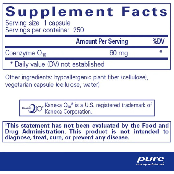 Коэнзим Q10, CoQ10, Pure Encapsulations, для энергии, антиоксидантов, здоровья мозга и клеток, когнитивных функций и поддержки сердечно-сосудистой системы, 60 мг, 250 капсул