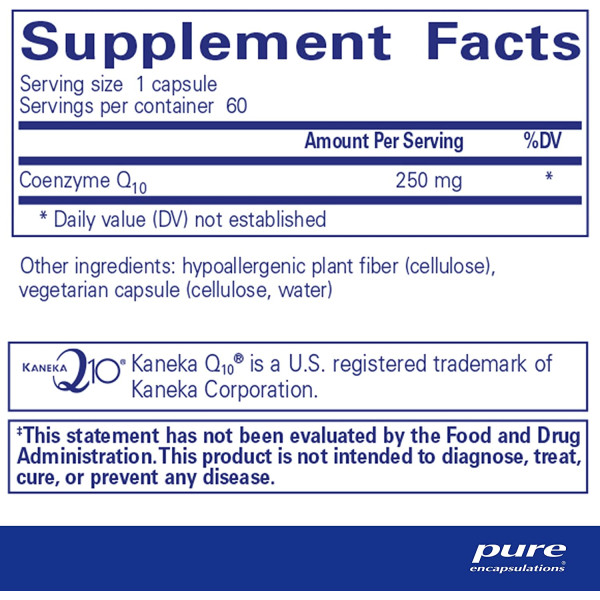Коензим Q10, CoQ10, Pure Encapsulations, для енергії, антиоксидантів, здоров'я мозку та клітин, когнітивних функцій та підтримки серцево-судинної системи, 250 мг, 60 капсул