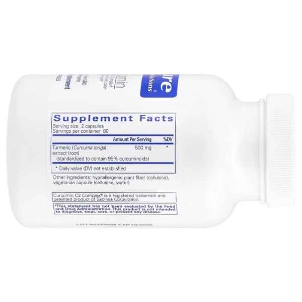 Куркумин, Curcumin, Pure Encapsulations, для поддержки здоровья суставов, тканей, печени, толстой кишки, мозга и клеток, 500 мг, 120 капсул (250 мг в капсуле)