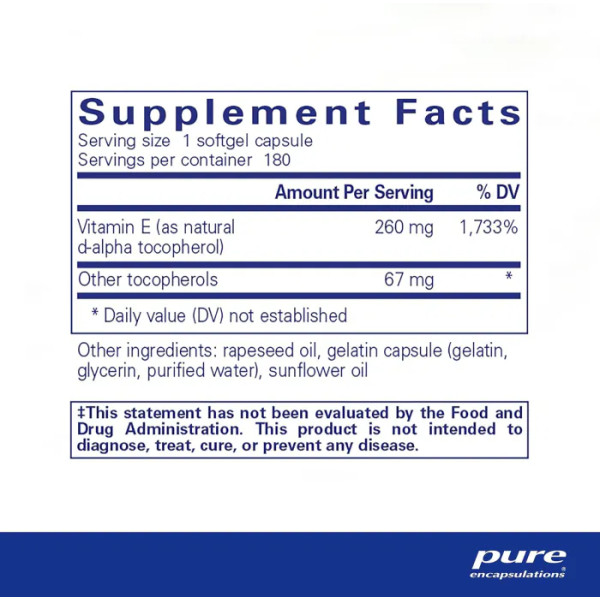 Вітамін Е (зі змішаними токоферолами), Vitamin E, Pure Encapsulations, підтримка клітинного дихання та здоров'я серцево-судинної системи, 180 капсул
