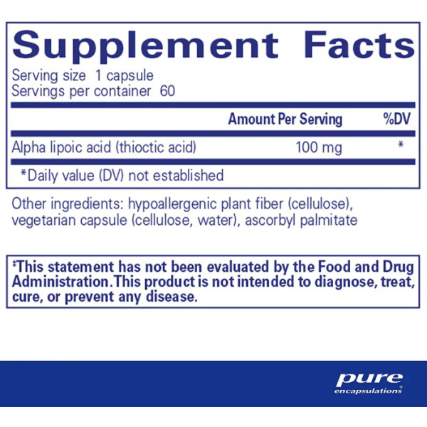 Альфа-ліпоєва кислота, Alpha Lipoic Acid, Pure Encapsulations, 100 мг, 60 капсул