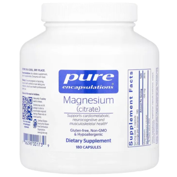 Магній цитрат, Magnesium (citrate), Pure Encapsulations, для сну, здоров'я серця, м'язів та обміну речовин, 150 мг, 180 капсул