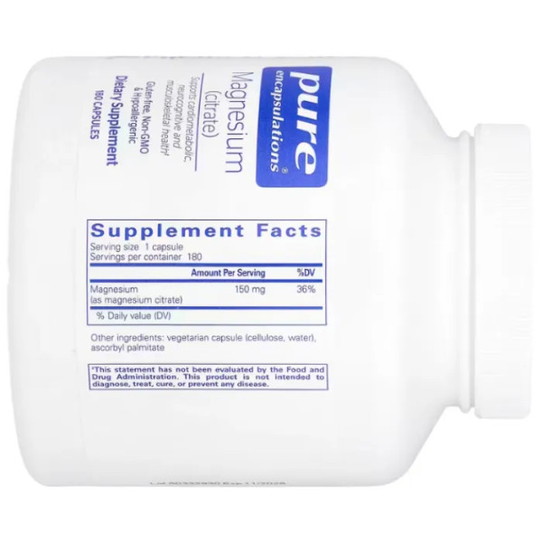 Магній цитрат, Magnesium (citrate), Pure Encapsulations, для сну, здоров'я серця, м'язів та обміну речовин, 150 мг, 180 капсул