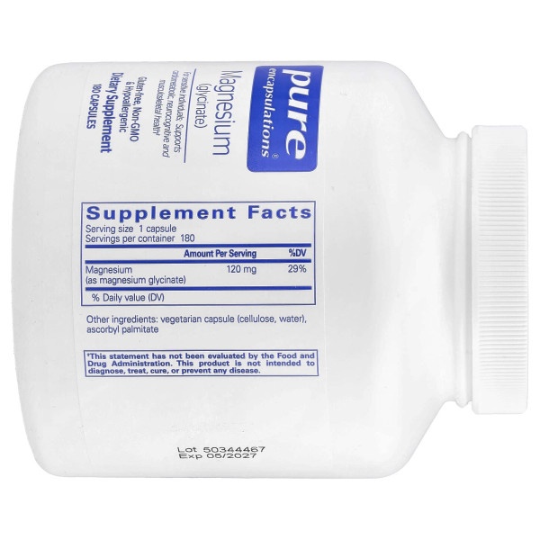 Магній гліцинат, Magnesium (glycinate), Pure Encapsulations, для зняття стресу, сну, здоров'я серця, нервів, м'язів та метаболізму, 120 мг, 180 капсул