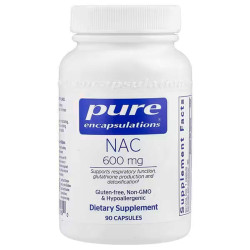NAC 600 мг, NAC (n-acetyl-l-cysteine) Pure Encapsulations, поддержка дыхательной функции и детоксикации, 90 капсул