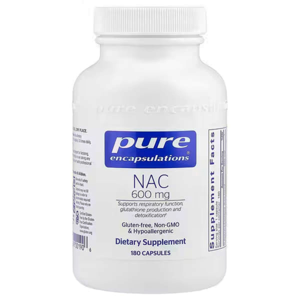 NAC (N-ацетилцистеїн), n-acetyl-l-cysteine, Pure Encapsulations, підтримка дихальної функції, утворення глутатіону і детоксикації, 600 мг, 180 капсул