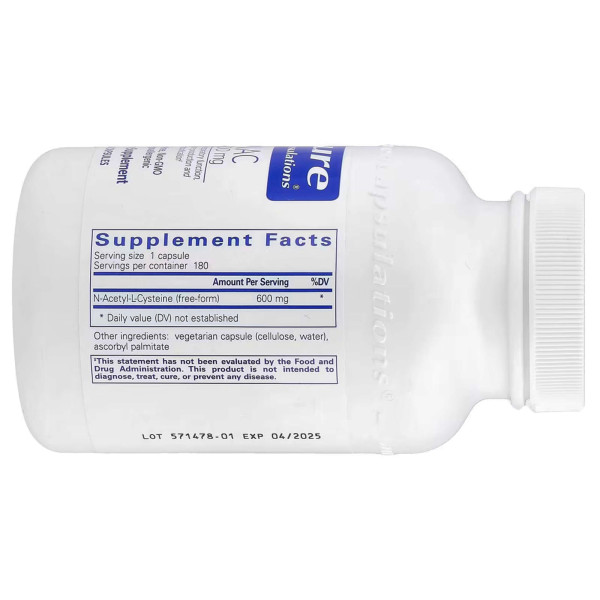 NAC (N-ацетилцистеїн), n-acetyl-l-cysteine, Pure Encapsulations, підтримка дихальної функції, утворення глутатіону і детоксикації, 600 мг, 180 капсул