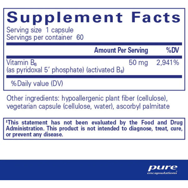 Витамин B6 (Пиридоксаль-5-Фосфат), P5P 50 (vitamin B6), Pure Encapsulations, для поддержки метаболизма, 60 капсул