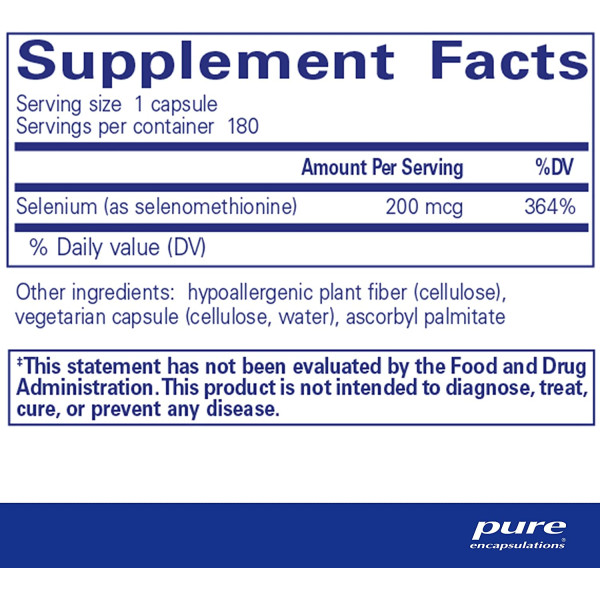 Селен (селенометіонін), Selenium (selenomethionine), Pure Encapsulations, для підтримки імунної системи, передміхурової залози, колагену та щитовидної залози, 200 мкг, 180 капсул