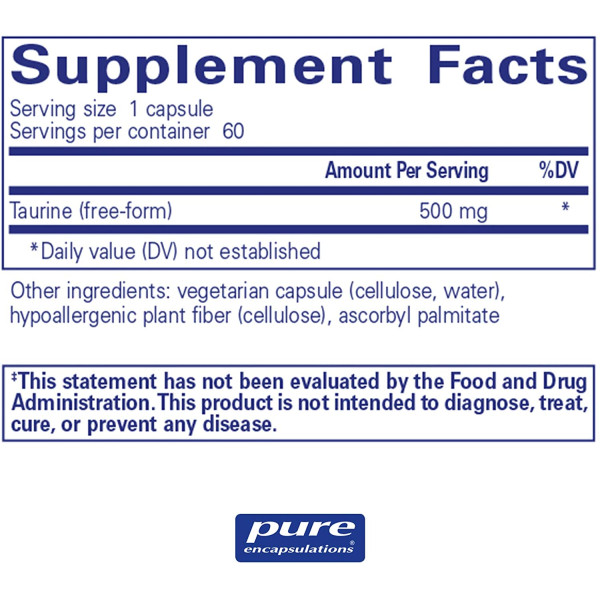 Таурин, Taurine, Pure Encapsulations, 500 мг, 60 капсул