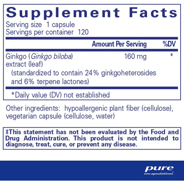 Гінкго Білоба, Ginkgo Biloba, Pure Encapsulations, для підтримки кисню, кровообігу та легенів проблем з пам'яттю, пов'язаних зі старінням, 160 мг, 120 капсул