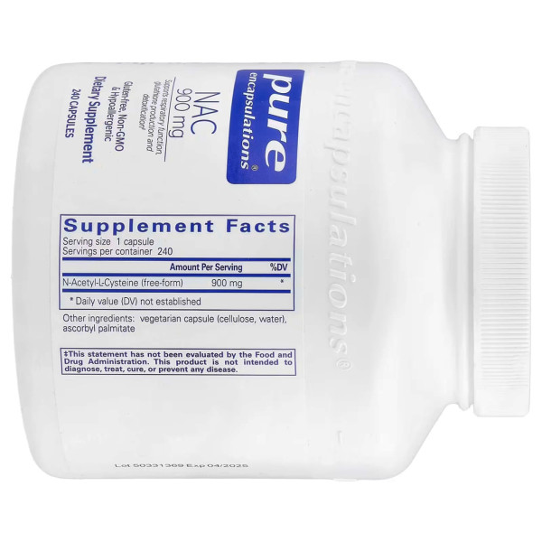 N-ацетилцистеїн, NAC (n-acetyl-l-cysteine), Pure Encapsulations, підтримка дихальної функції, вироблення глутатіону та детоксикації, 900 мг, 240 капсул