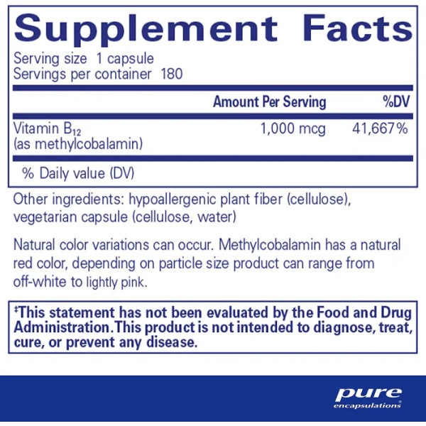 Вітамін В12 (метилкобаламін), Methylcobalamin Advanced Vitamin B12, Pure Encapsulations, для підтримки пам'яті, нервової системи та когнітивного здоров'я, 60 капсул