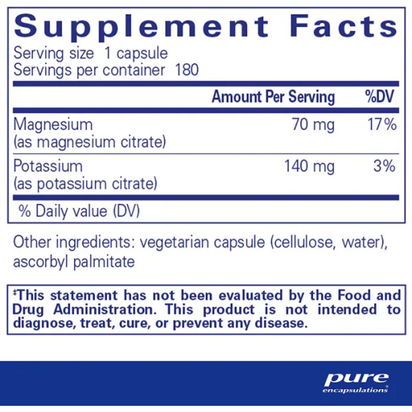 Калій та Магній (цитрат), Potassium Magnesium (citrate), Pure Encapsulations, підтримує здоров'я серця, м'язів, мінералізації кісток, нервів та кислотно-лужного балансу, 180 капсулКалій та Магній (цитрат), Potassium Magnesium (citrate), Pure Encapsulation
