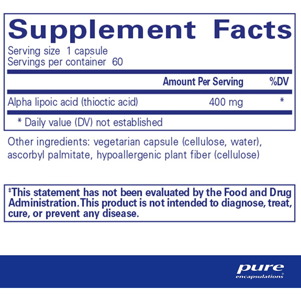 Альфа-ліпоєва кислота, Alpha Lipoic Acid, Pure Encapsulations, 400 мг, 60 капсул