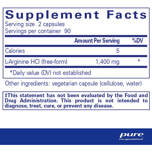 L-аргінін, l-Arginine, Pure Encapsulations, підтримка вироблення оксиду азоту, здоров'я серця і кровотоку, 1400 мг, 180 капсул