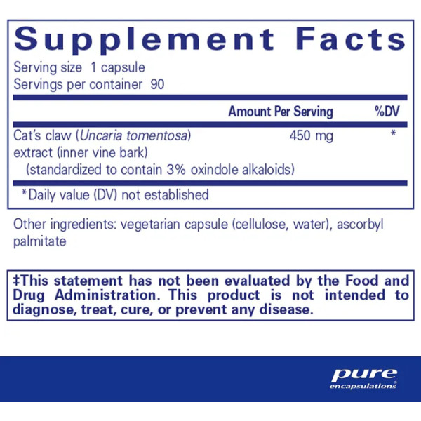 Котячий кіготь, Cat's Claw, Pure Encapsulations, для підтримки суглобів, імунної та серцево-судинної систем та здоров'я шлунково-кишкового тракту, 450 мг, 90 капсул