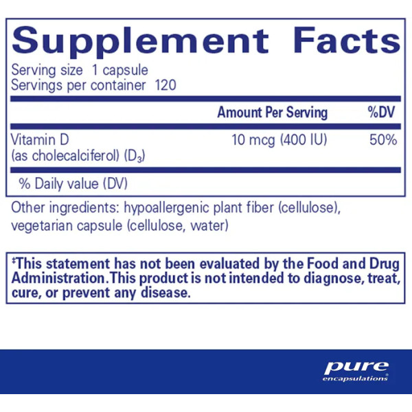 Витамин D3, Vitamin D3, Pure Encapsulations, поддержка для здоровья костей, груди, простаты, сердечно-сосудистой системы, толстой кишки и иммунитета, 400 МЕ, 120 капсул