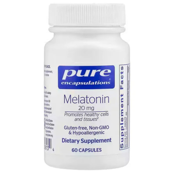 Мелатонін, Melatonin, Pure Encapsulations, підтримка природного циклу сну, клітин та тканин, 20 мг, 60 капсул
