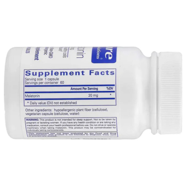 Мелатонін, Melatonin, Pure Encapsulations, підтримка природного циклу сну, клітин та тканин, 20 мг, 60 капсул