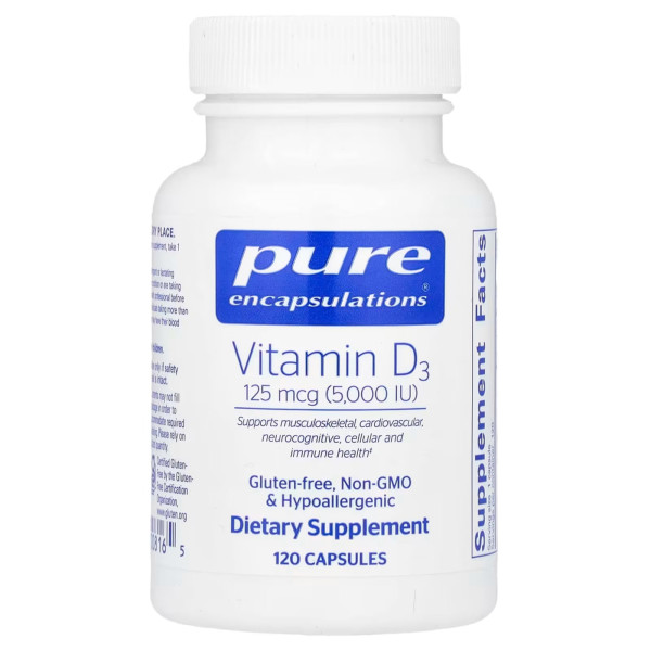 Вітамін D3, Vitamin D3, Pure Encapsulations, для підтримки здоров'я кісток, суглобів, грудей, простати, серця, товстої кишки та імунітету, 125 мкг (5000 МО), 120 капсул