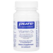 Вітамін D3 125 мкг (5000 МО), Vitamin D3 Pure Encapsulations, 60 капсул