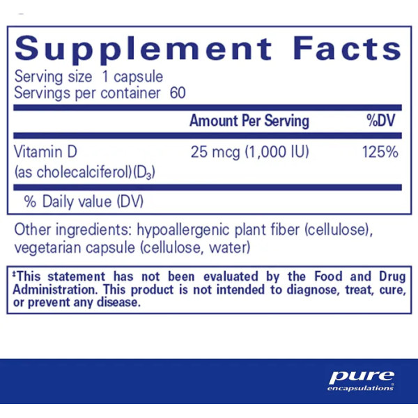 Вітамін D3, Vitamin D3, Pure Encapsulations, для підтримки здоров'я кісток, суглобів, грудей, простати, серця, товстої кишки та імунітету, 25 мкг (1000 МО), 60 капсул