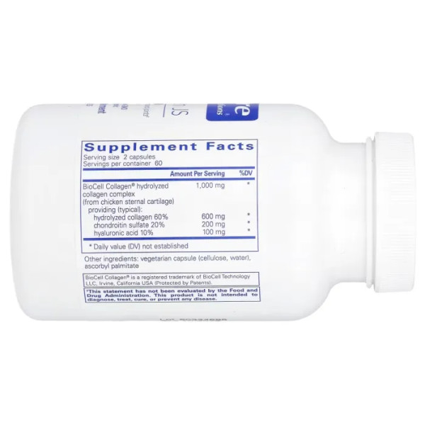 Колаген BioCell, Collagen JS, Pure Encapsulations, підтримка здоров'я суглобів та шкіри, 1000 мг гідролізованого колагену, 120 капсул (500 мг на капсулу)